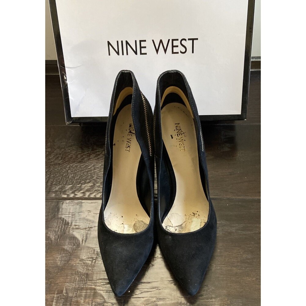 Nine West Felycia Black Suede Pump, Pointed Toe, Zipper Detail, Heels 9.5